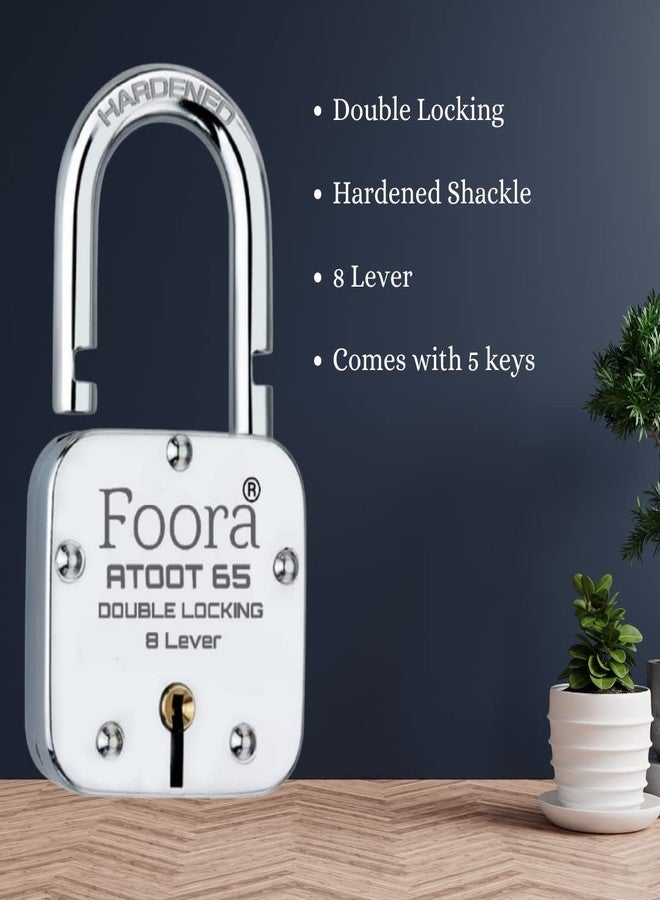 Foora New Atoot 65mm Lock | Metal Body | Double Locking | Hardened Shackle | 8 Steel Lever | 5 Silver Keys with Keychain | Silver Finsih | Pack of 2 | Made in India | Export in USA | Canada - Image 2